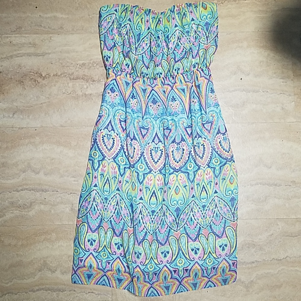 multi print strapless midi dress